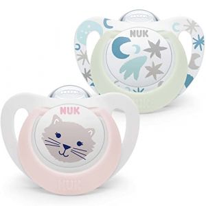 Nuk Star Lot de 2 tétines pour bébé de 0 à 6 mois, de jour et de nuit, en silicone sans BPA, motif chat rose