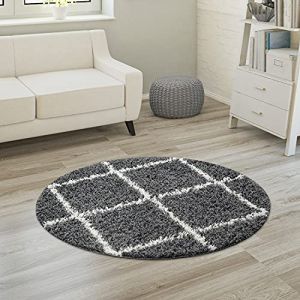 Paco Home - Tapis à Poils Longs, Shaggy Doux Salon Style Scandinave Avec Motif Losanges Anthracite, 120 cm rond