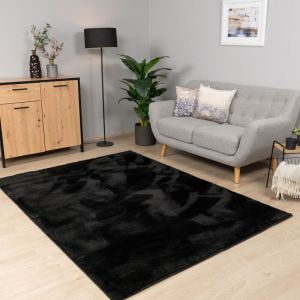 Paco Home - Tapis Salon Chambre Adulte Poils Ras Lavable En Machine Uni Moelleux Noir, 200 cm carré
