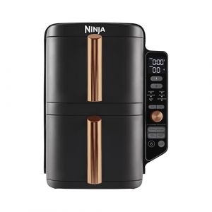Ninja Double Stack XL Air Fryer, Friteuse sans huile Verticale Double Tiroir 4 Niveaux de Cuisson, 2 Tiroirs, 2 Grilles, Capacité de 9,5 L, 6 Fonctions, 8 Portions, Pinces, Noir/Cuivre SL400EUCP