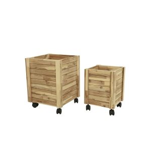 Eda Plastiques Lot De Deux Cache-Pots Carrés En Bois D'acacia Sur Roulettes