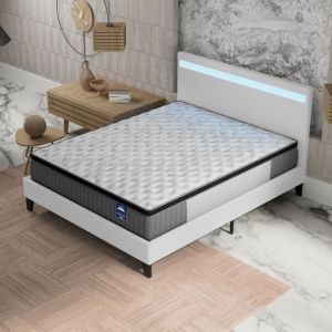 Ensemble 160x200cm-Matelas ressorts ensachés et Mémoire de forme + Lit avec Tête de lit LED et sommier à lattes, Matelas 30cm d’épaisseur
