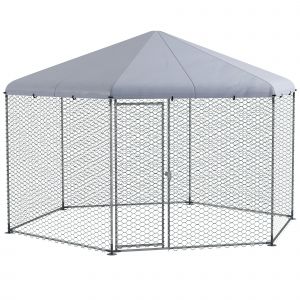 Pawhut Enclos Poulailler Chenil 10 M&sup2; - Parc Grillag&eacute; Dim. 4l X 3,46l X 2,63h M - Enti&egrave;rement Couvert - Acier Oxford Gris