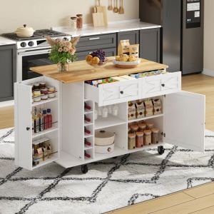 &Icirc;lot de Cuisine Multifonction,Plan Extensible,2 Tiroirs et Rangement Int&eacute;gr&eacute;, &Eacute;tag&egrave;re &agrave; Vin, Roulettes,Blanc
