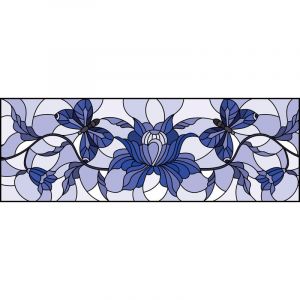 Plage Sticker &eacute;lectrostatique pour vitre, illustration de papillons et fleurs bleus, dans une forme g&eacute;om&eacute;trique au style vitrail, 67 cm x 23 cm - Bleu