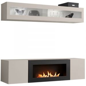 Composition murale FLY cachemire avec vitrine vitr&eacute;e horizontale et meuble TV chemin&eacute;e bio-&eacute;thanol