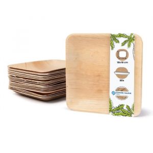 ASSIETTE JETABLE - Assiette carrée en feuille de palme - Assiette jetable biodégradable et sans plastique - 18x18cm, 50 pièces