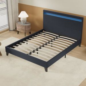 Lit 140x190cm simili cuir noir avec tête de lit LED, sommier lattes en bois