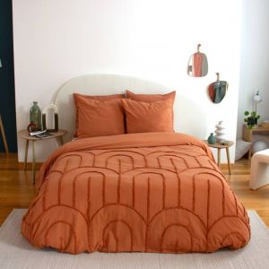 Parure de lit coton lavé tufté motifs arches rétro 2 places terracotta, 1 housse + 2 taies 63x63cm 260 x 240 cm