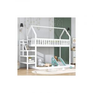 Lit superposé cabane avec escalier avec protection antichute, cadre en pin, blanc 90x200