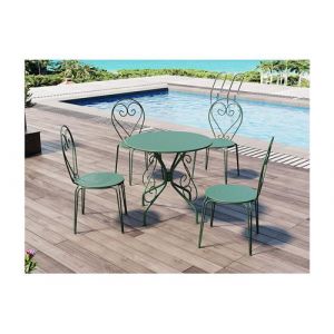Salle &agrave; Manger de Jardin en m&eacute;tal fa&ccedil;on Fer forg&eacute; : Une Table et 4 chaises empilables Vert Amande GUERMANTES