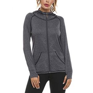 Sykooria Sweat à Capuche Femme Zippé Automne Hiver Chaud Veste Femme de Sport Respirant à Manches Longues Jacket Zippé pour Fitness Running-Gris foncé-XL