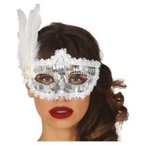 Image de Masque paillettes fleur plumes argent femme - guirca 12021