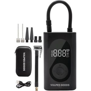Vulpes Goods Tech - Pompe &agrave; pneu portable &agrave; compresseur - 6400mAh - Pompe &eacute;lectrique pour v&eacute;lo - Compresseur d'air pour voiture, scooter, v&eacute;lo, ballon et lit pneumatique - 7 accessoires inclus - Lampe de poche - Powerbank - Mallette de voyage - PRO