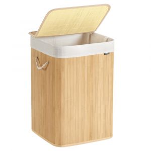 Songmics Panier à linge 95l couvercle en bambou poignées pliable couleur boisée