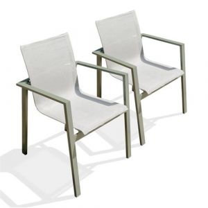 Image de DCB Garden Lot de 2 fauteuils de jardin empilables en alu kaki et toile grise - MIAMI