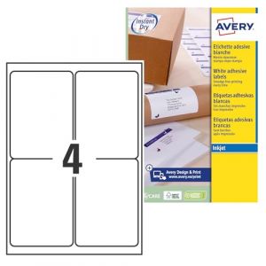 Avery-Zweckform 100 Etiquettes Autocollantes (4 par Feuille) - 99,1x139mm - Impression Jet d'Encre - Blanc - J8169