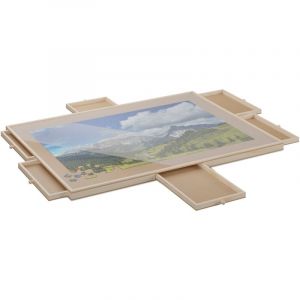 Relaxdays Planche de Puzzle avec 6 tiroirs, pour Puzzles jusqu'à 1000 pièces, pivotante, en Bois, Table de Puzzle avec Plaque de recouvrement, Nature