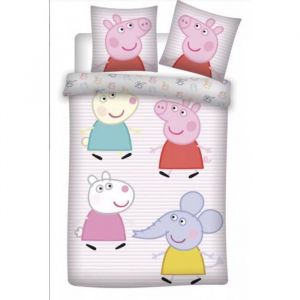 Parure de Lit Peppa Pig 100% Coton - Housse de Couette Rose Lignée 100x135 cm + Taie d'oreiller 40x60 cm