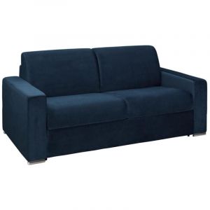 Canapé 3 places convertible express en velours bleu nuit - Couchage lattes larges 140 cm - Matelas 16 cm avec mousse à mémoire de forme CALITO