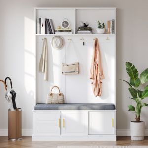 Porte-Manteau, Vestiaire, Portant, Avec banc à chaussures, Crochets, Blanc-Panneaux de particules