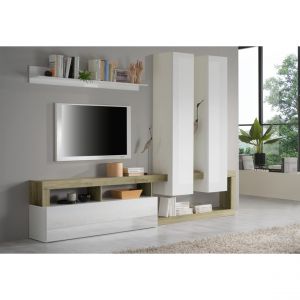 Composition murale L277 meuble TV buffets integr&eacute;s et &eacute;tag&egrave;re, blanc et naturel