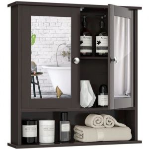 COSTWAY Armoire Salle de Bain avec Miroir Meuble Rangement avec 3 Etagères et 2 Portes 56,5 x 13 x 58,5 CM Brun