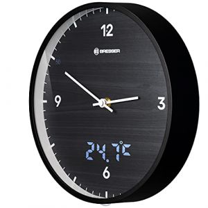 Bresser MyTime Horloge Murale Radio-pilotée LED avec Cadran de 24 cm, Affichage des Secondes LED, température intérieure et Mouvement Radio-piloté Silencieux Noir