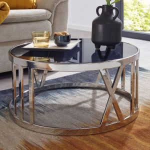 Table basse ronde 60x60x30 cm en verre noir et acier argenté