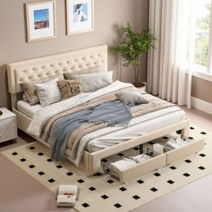 Lit double 160x200 cm - tissu en velours - 2 tiroirs - cadre de lit coffre 160x200 cm - Beige