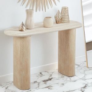 Cotecosy Console moderne 40x120cm avec pieds style colonnes Gwendoline Effet travertin Beige