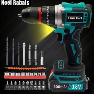 Image de TEETOK Brushless Perceuse sans fil portable 18V-100Nm électrique Visseuse tournevis perforateur Kit combinée pour maison bricolage DIY Avec LED+19Accessoires+Batterie3.0Ah+Chargeur,Compatible Makita