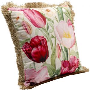 Kare Design Tulips Coussin Multicolore, 45 x 45 cm, Housse Amovible avec Fermeture &eacute;clair, Motif Floral, avec Bords &agrave; Franges, Coussin d&eacute;coratif avec Rembourrage, Coussin d&eacute;coratif pour canap&eacute;
