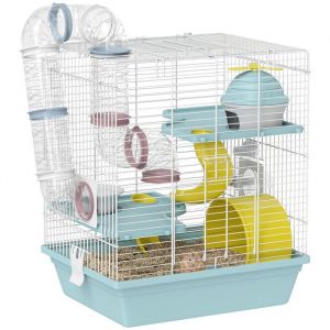 Pawhut Cage hamster - 3 niveaux - avec roue dexercice tunnel de jeu gamelle cabane &eacute;chelle - 345 x 275 x 41 cm - bleu