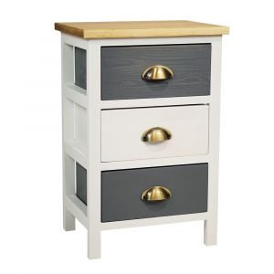 Meuble de rangement 3 tiroirs en pin teinté gris et blanc plateau nat