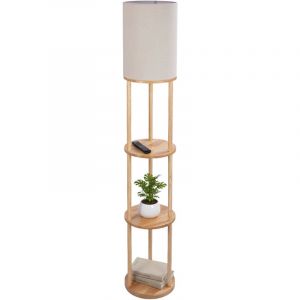Relaxdays Lampe sur pied avec étagère, H : 180 x 30 cm, douille E27, bois et lin, design moderne, blanc naturel