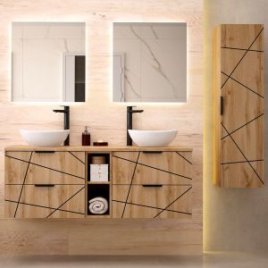 Ensemble meuble double vasque 140cm 2 niches et colonne Teren Bois