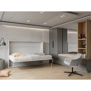 Lit escamotable 140 x 200 cm - Ouverture horizontale manuelle - Blanc et gris - MALINA II