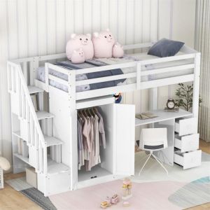 Lit mezzanine 90 x 200 avec penderie et escalier, bureau et tiroirs et armoire tout en un, blanc