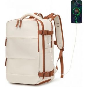 Kono Sac à Dos de Voyage 42x30x20 cm - Bagage Cabine pour Avion, Sac d'Ordinateur Portable, Petit Bagage à Main Étanche Beige/Marron