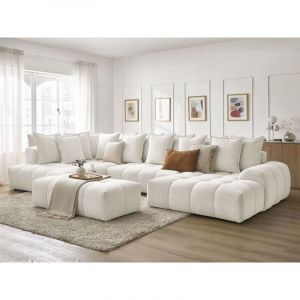 Bobochic Canapé panoramique convertible coffre everest tissu chiné avec pouf Angle droit Blanc