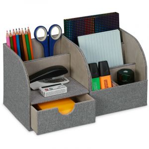 Relaxdays Organiseur de bureau, tiroir et 6 espaces de rangement, aspect lin, HxLxP : 14,5x28x14,5 cm, décoratif, gris