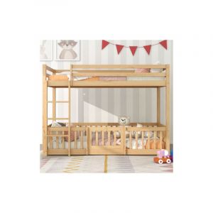 Lit superposé avec escalier à angle droit et portes, lit d'enfant avec protection contre les chutes,en bois de pin massif, naturel (200x90cm)