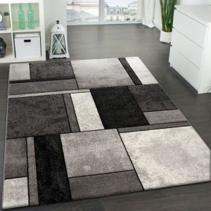 Paco Home Tapis Design à Carreaux Contour Trendy Tape l'Oeil Gris Anthracite Crème Moucheté 60x110 cm