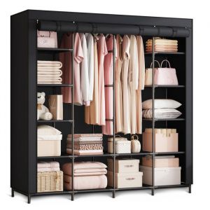 Massido Armoire en Tissu Pliable Stable à 14 étagères avec Housse de canapé et Structure en Acier Noir 170 x 45 x 170 cm
