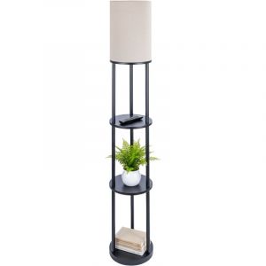 Relaxdays Lampe sur pied avec &eacute;tag&egrave;re H : 180 x 30 cm E27 bois et lin design moderne lampadaire noir et blanc
