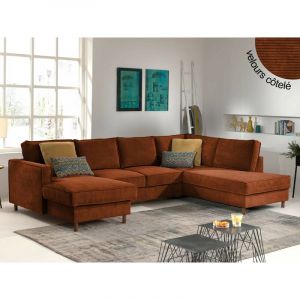 Jake canapé panoramique convertible avec coffre 7 places en velours côtelé droit Couleur Rouille