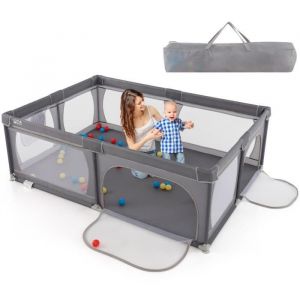 Costway Parc Bébé Sans Bpa Tissu Oxford 206×147×68,5cm Avec 2 Compartiments 50 Balles Océaniques Colorées Sac De Rangement Gris
