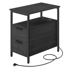 Calicosy VASAGLE Table d&rsquo;Appoint avec Multiprise, Lot de 2, Petite Table Fine avec 2 Tiroirs, Table de Chevet avec Rangement, pour Salon, Chambre, Gris Anthracite et Noir Classique LCT648B22