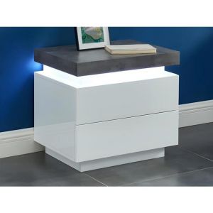 Lot de 2 tables de chevet - 2 tiroirs - MDF Laqué - Avec LEDs - Coloris : Blanc et béton - HALO II